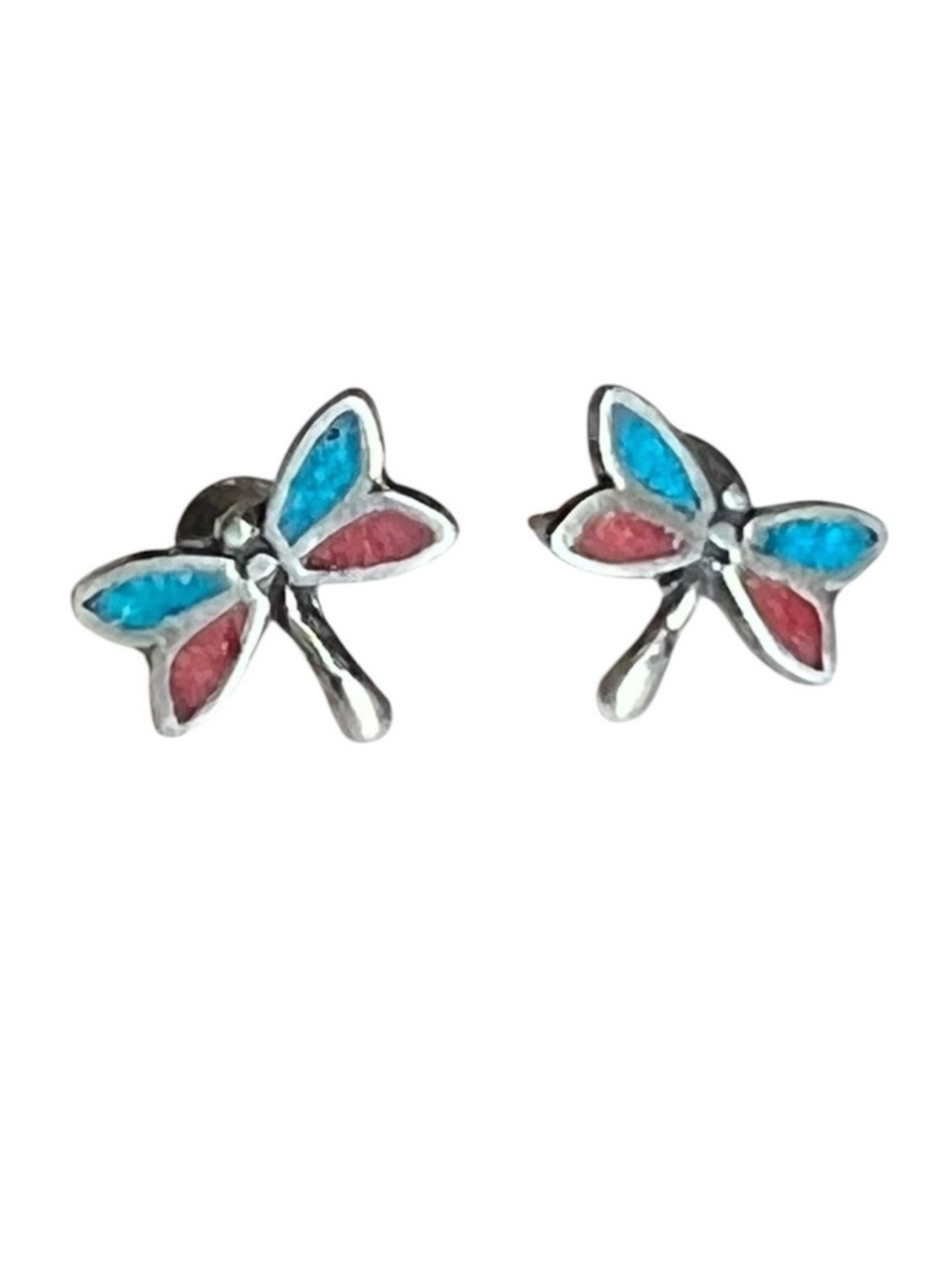 Vintage Turquoise Coral Chip Sterling Silver Dainty Pierced Earrings Native